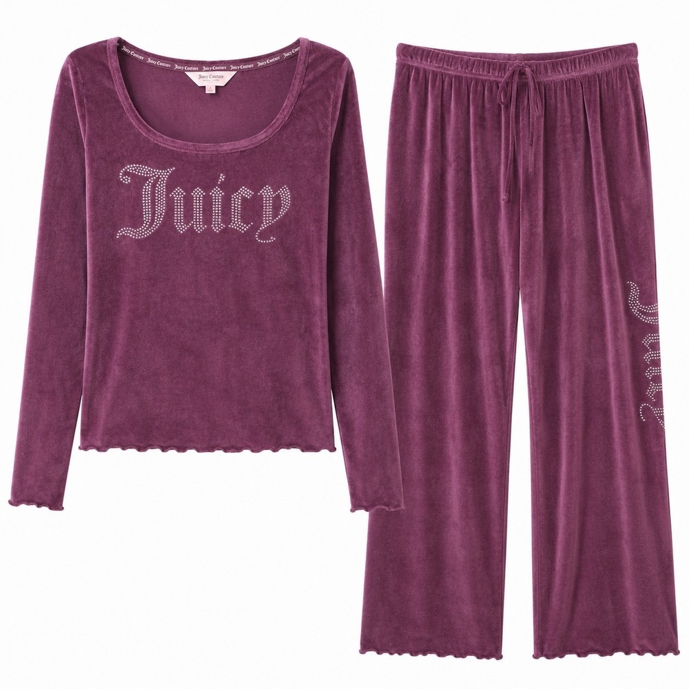 JUICY COUTURE OG Bling Velour Lounge Set Sz S Purple Embossed Logo Spellout Y2K